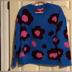 Lilly Pulitzer Bright Blue Floral Knit Sweater Pink & Wine Accents, Size XL, EUC